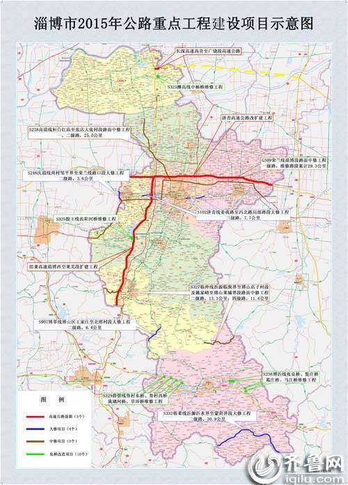 记者从淄博市政府新闻办公室组织召开的关于全市公路重点工程项目建设情况新闻发布会获悉。2015年淄博市将开工建设济青高速公路改扩建工程、滨莱高速淄博西至莱芜段扩建工程、长深高速高青至广饶段，以及普通国省道有7项大中修项目，10座危桥改造项目。